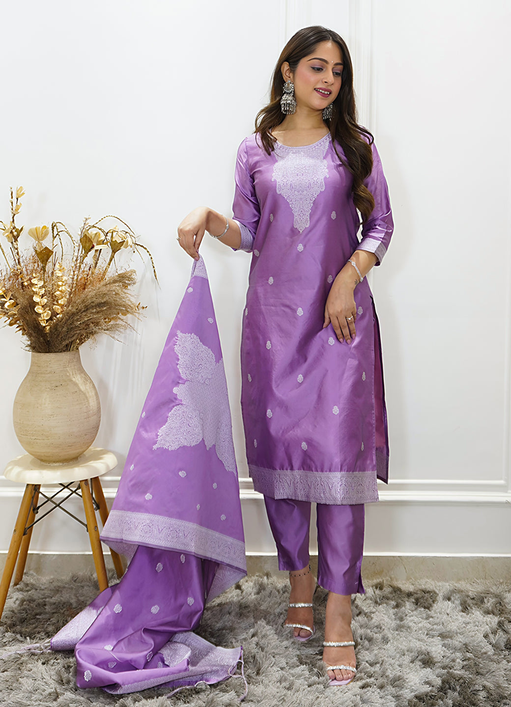 Vedhika Womens Embroidered Cotton Blend Kurta Pant Set with Banarasi Silk Dupatta Elegant Ethnic Wear - FitVibe Fashion