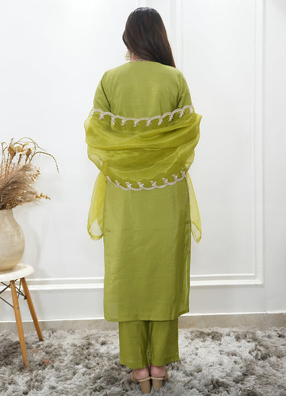 Saubhagyavati Pista Silk Blend Calf Length Embroidered Straight Suit Set - FitVibe Fashion