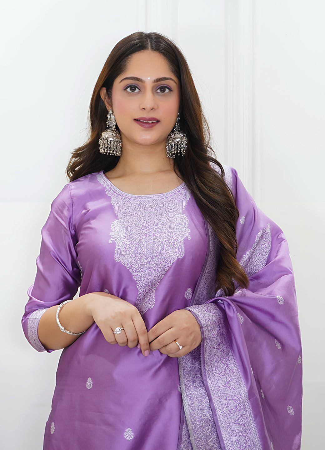 Vedhika Womens Embroidered Cotton Blend Kurta Pant Set with Banarasi Silk Dupatta Elegant Ethnic Wear - FitVibe Fashion