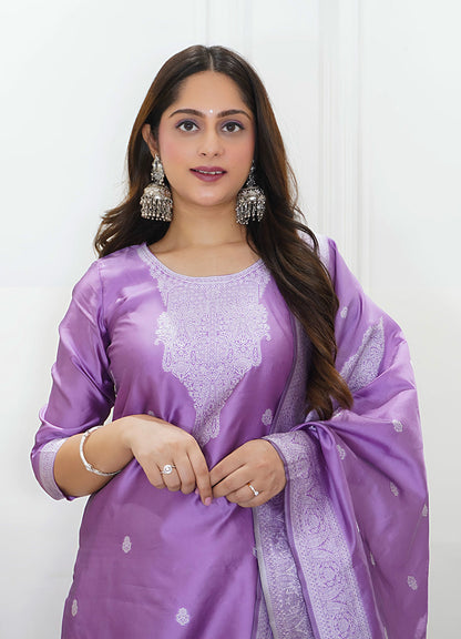 Vedhika Womens Embroidered Cotton Blend Kurta Pant Set with Banarasi Silk Dupatta Elegant Ethnic Wear - FitVibe Fashion