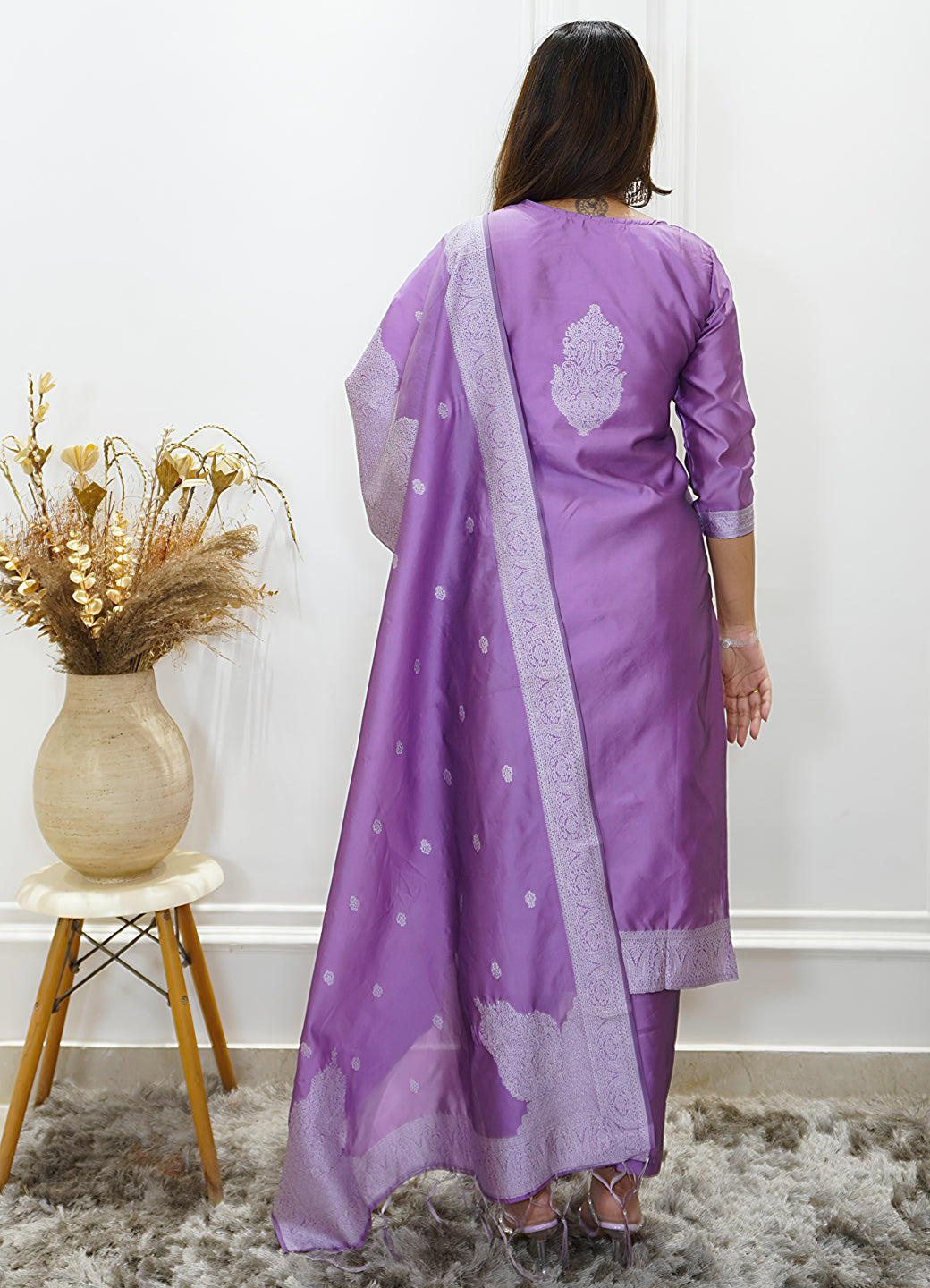 Vedhika Womens Embroidered Cotton Blend Kurta Pant Set with Banarasi Silk Dupatta Elegant Ethnic Wear - FitVibe Fashion