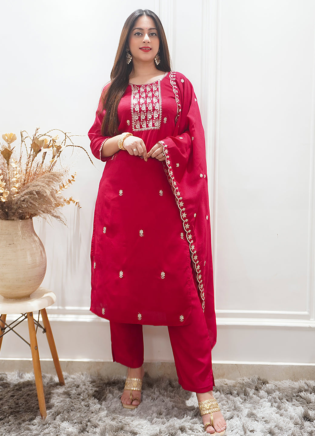 Zariyaa Silk Blend Embroidered Anarkali Kurta Pant Set with Dupatta Party Wear Ethnic Suit for Women - FitVibe Fashion