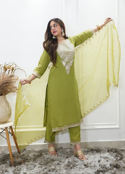 Saubhagyavati Pista Silk Blend Calf Length Embroidered Straight Suit Set - FitVibe Fashion