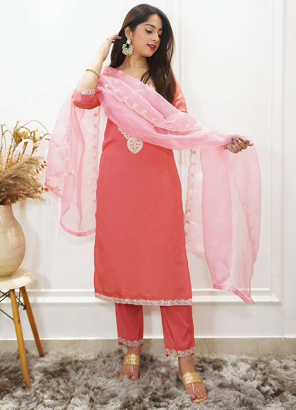 Sohbat Peach Silk Blend Calf Length Embroidered Straight Suit Set - FitVibe Fashion