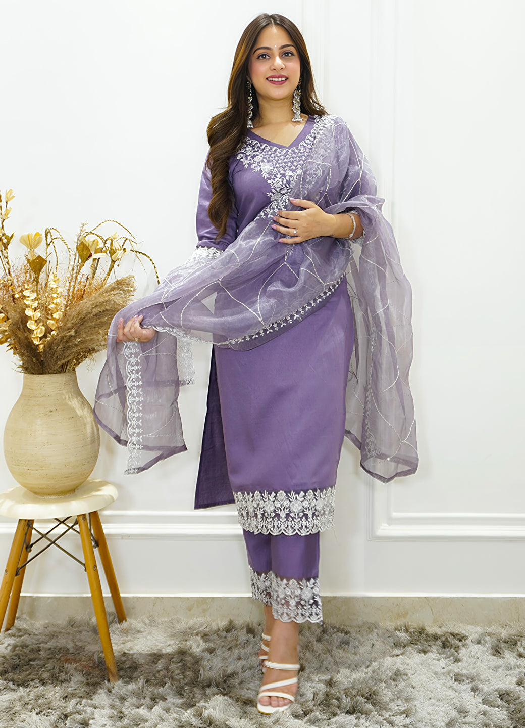 Shaam Lavender Silk Blend Calf Length Embroidered Straight Suit Set - FitVibe Fashion