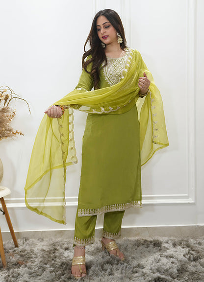 Saubhagyavati Pista Silk Blend Calf Length Embroidered Straight Suit Set - FitVibe Fashion