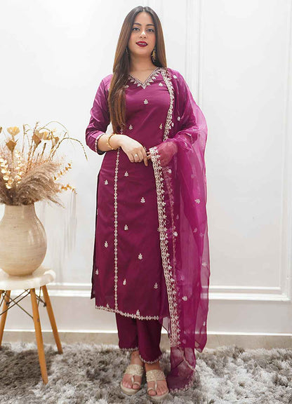 Aabha Womens Embroidered Silk Blend Kurta Pant Dupatta Set Stylish Comfortable Ethnic Wear