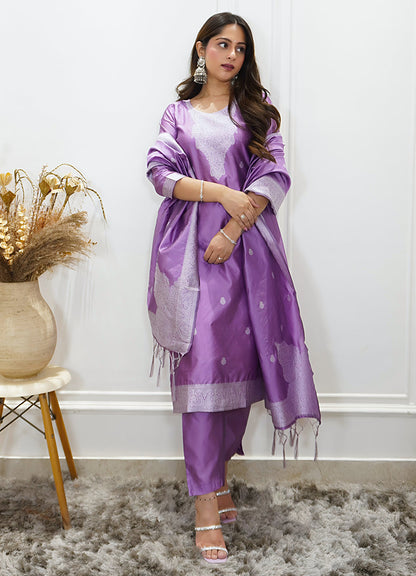 Vedhika Womens Embroidered Cotton Blend Kurta Pant Set with Banarasi Silk Dupatta Elegant Ethnic Wear - FitVibe Fashion