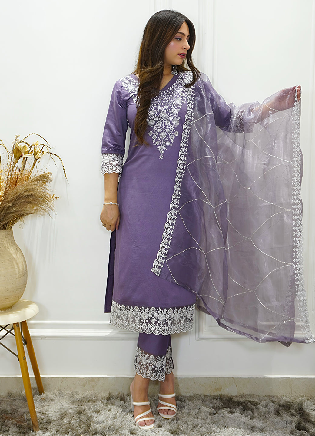 Shaam Lavender Silk Blend Calf Length Embroidered Straight Suit Set - FitVibe Fashion
