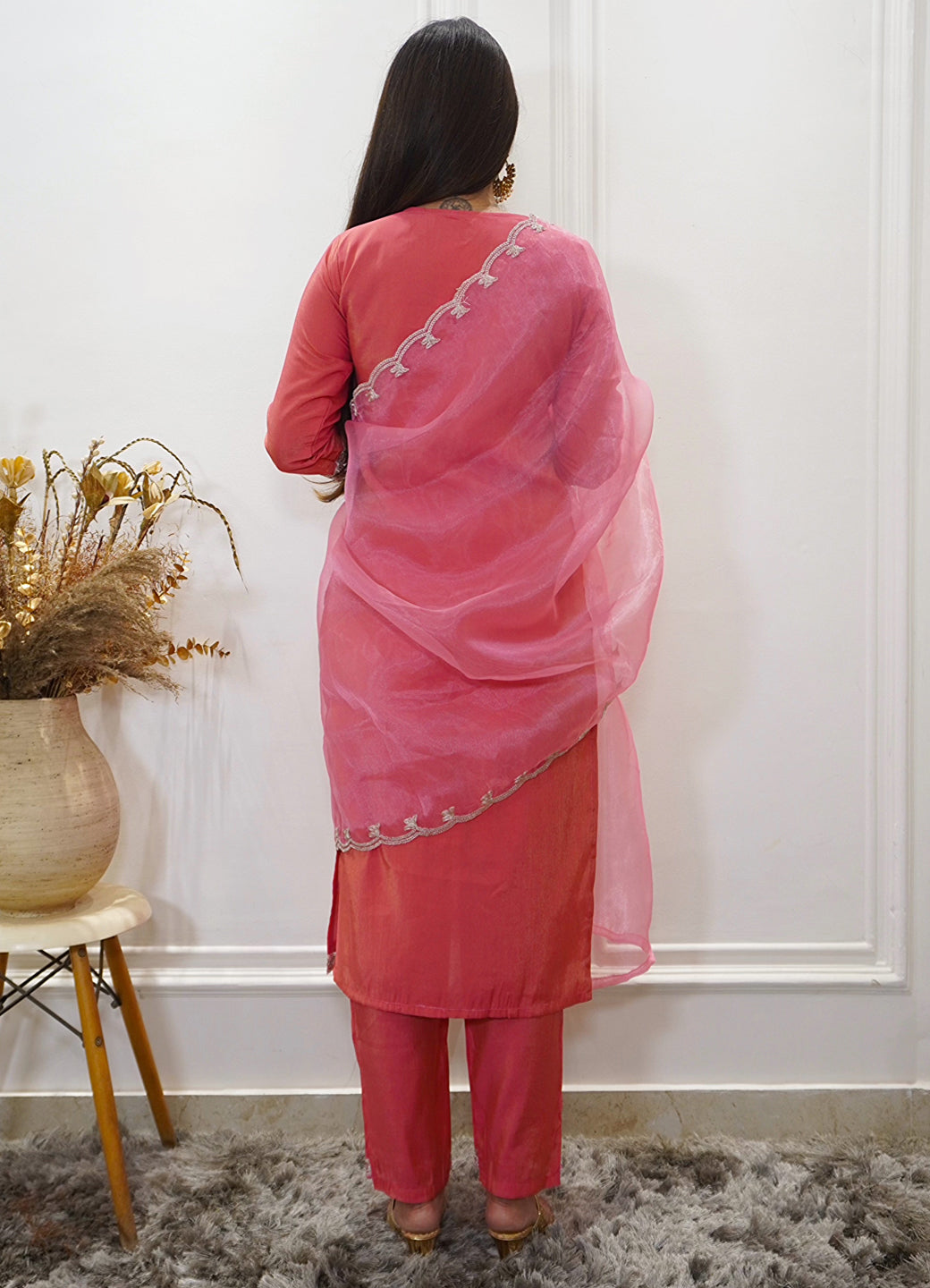 Sohbat Peach Silk Blend Calf Length Embroidered Straight Suit Set - FitVibe Fashion