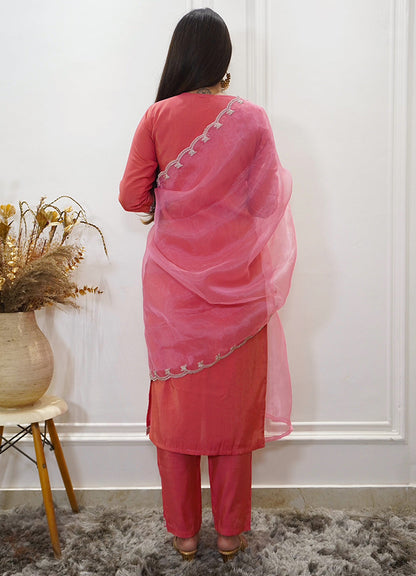 Sohbat Peach Silk Blend Calf Length Embroidered Straight Suit Set - FitVibe Fashion