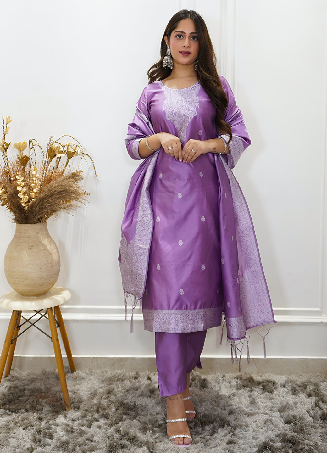 Vedhika Womens Embroidered Cotton Blend Kurta Pant Set with Banarasi Silk Dupatta Elegant Ethnic Wear - FitVibe Fashion