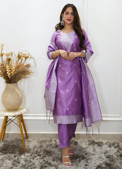 Vedhika Womens Embroidered Cotton Blend Kurta Pant Set with Banarasi Silk Dupatta Elegant Ethnic Wear - FitVibe Fashion