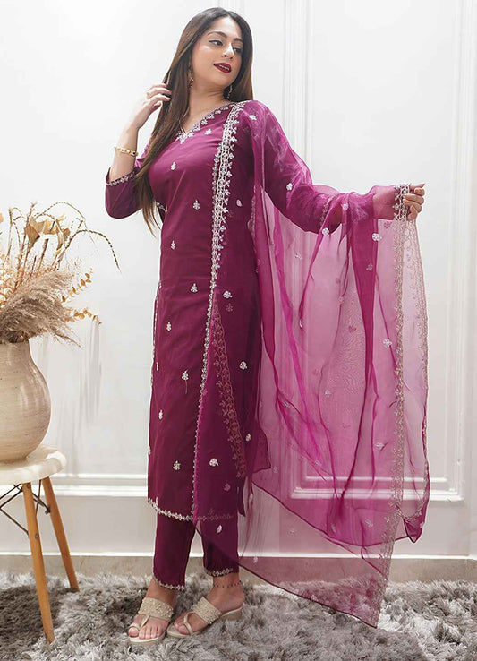 Aabha Womens Embroidered Silk Blend Kurta Pant Dupatta Set Stylish Comfortable Ethnic Wear