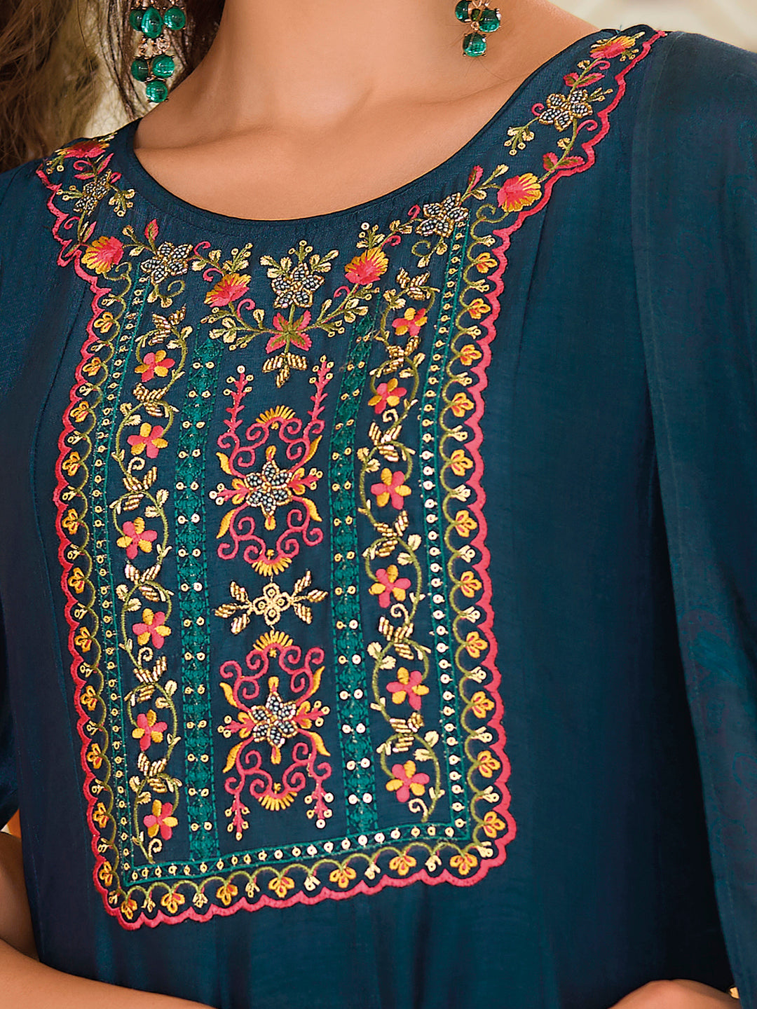 English Garden Teal Embroidered Anarkali Pant Set - FitVibe Fashion