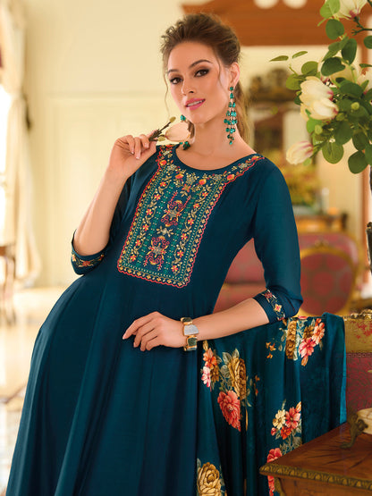 English Garden Teal Embroidered Anarkali Pant Set - FitVibe Fashion