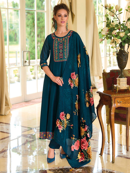 English Garden Teal Embroidered Anarkali Pant Set - FitVibe Fashion