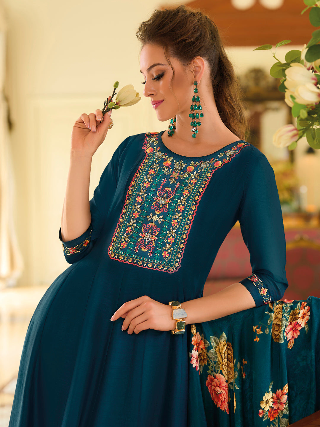 English Garden Teal Embroidered Anarkali Pant Set - FitVibe Fashion